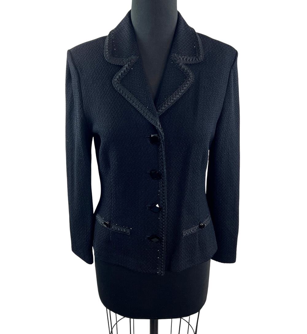 Vintage ST.JOHN Black Blazer Ribbon Knit Long Sleeve Notch Lapel Single Breasted
